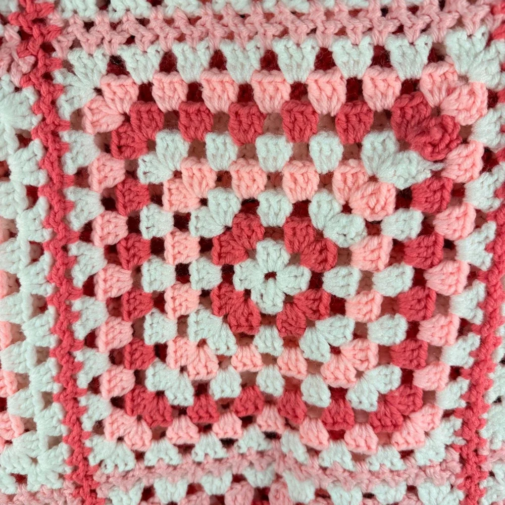 Large Handmade Crocheted Blanket Red Pink White Granny Square 84x130 Cottagecore